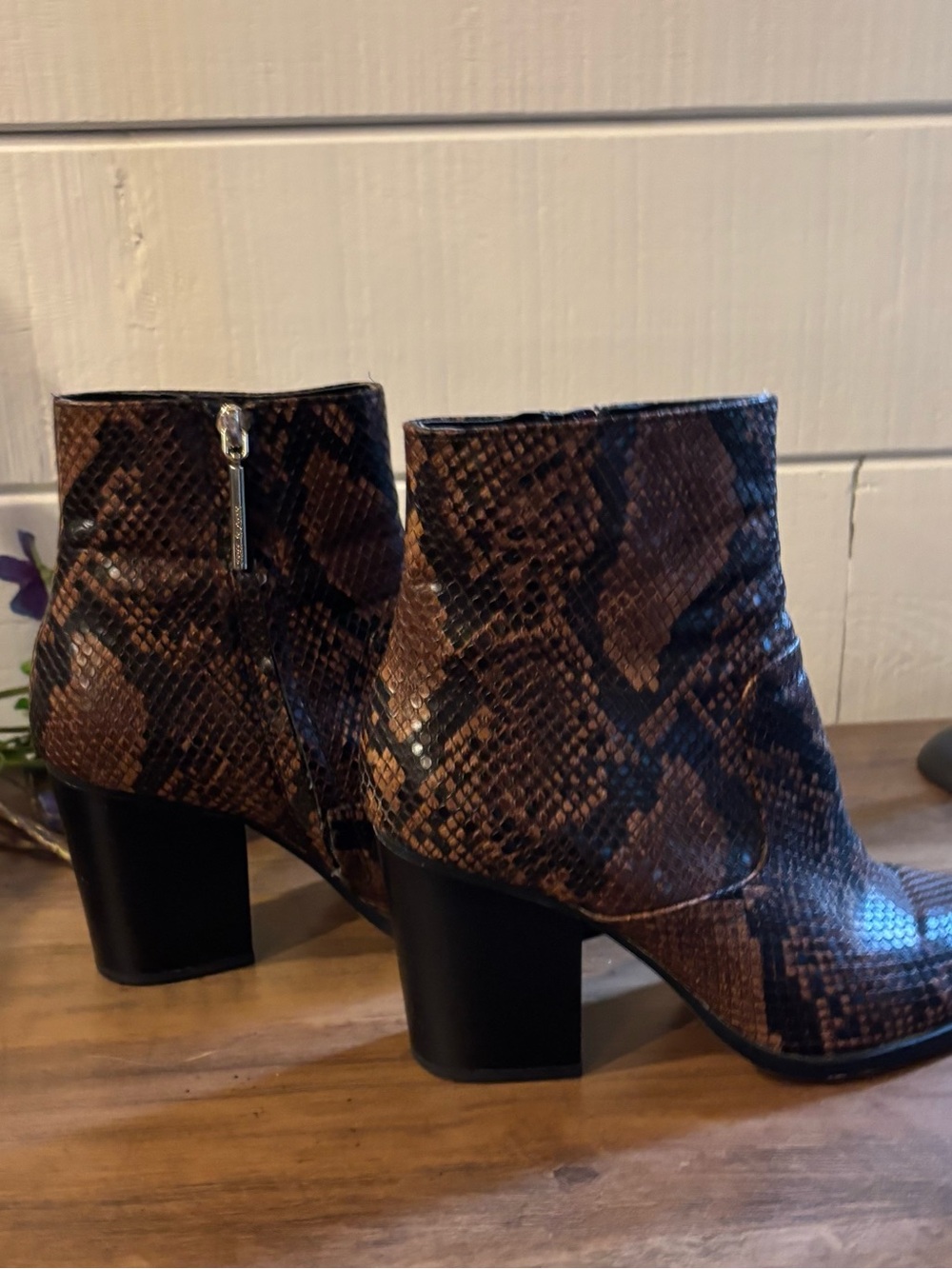 Zara Brown Snake-Print Block Heel Ankle Booties